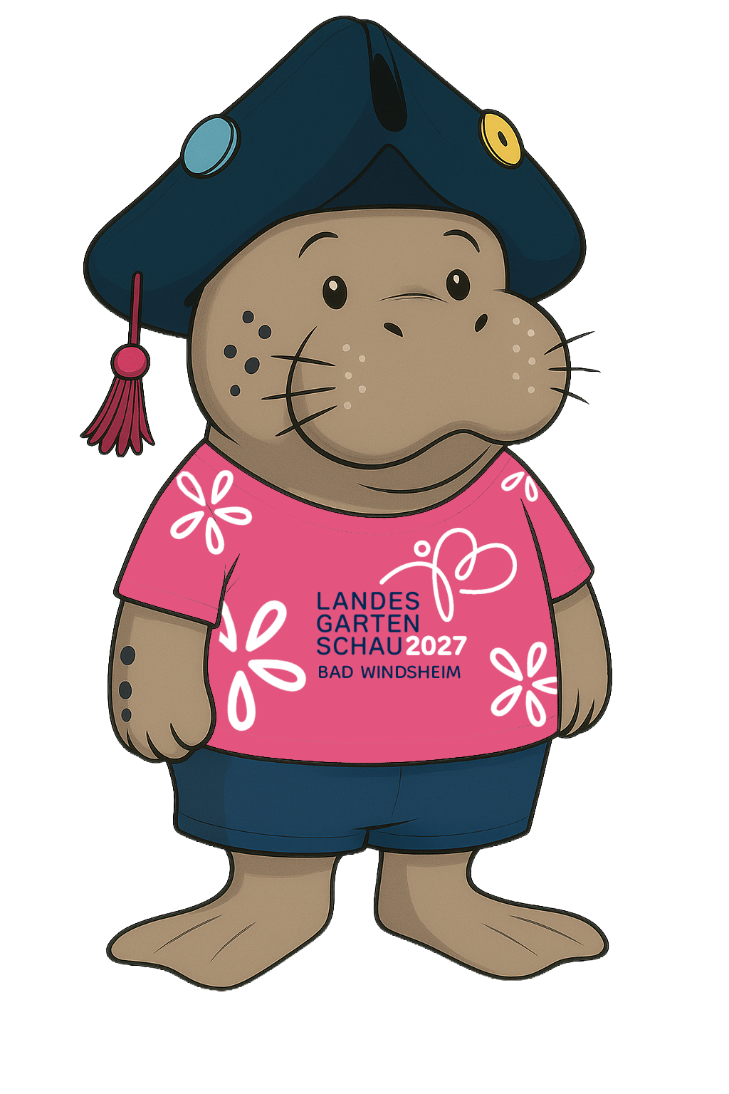 Maskottchen Stellario, eine Seekuh in rundlicher, cartoonartiger Form mit fränkischem Dreispitz, kurzer Hose, magentafarbenem T-Shirt mit weißen Blützen und Logo der LGS