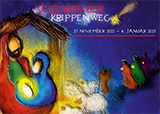 Plakat zum „Scheinfelder Krippenweg“ mit stilisierter Weihnachtsdarstellung – Maria, Josef und Jesus unter Holzkrippe, heller Stern am Nachthimmel, drei Könige nähern sich von rechts, Veranstaltungszeitraum: 27. November 2022 bis 8. Januar 2023.