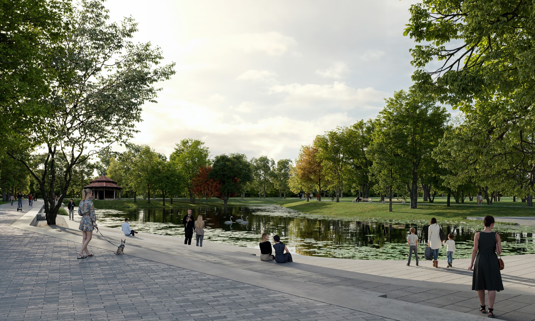 Skizze eines Sees mit Sitzmöglichkeiten