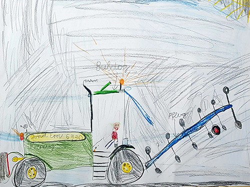 Gemaltes Kinderbild von einem Traktor.