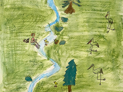 Gemaltes Kinderbild von einer Person, die an einem Fluss sitzt, gegenüber drei Störche.