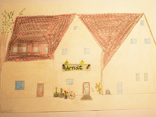 Gemaltes Kinderbild vom Haus der Bäckerei Arndt.