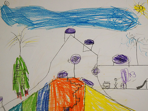 Gemaltes Kinderbild mit Rakete und Hügel