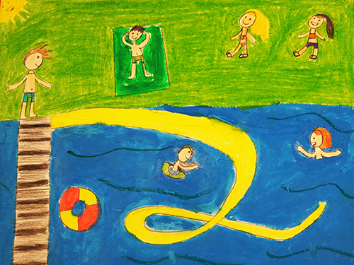 Gemaltes Kinderbild mit Freibad und badenden und spielenden Kindern