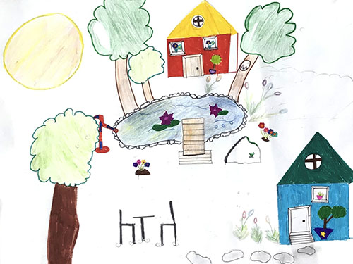 Gemaltes Kinderbild mit zwei Häusern und Garten