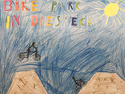 Gemaltes Kinderbild vom Bike-Park in Diespeck mit fahrradfahrenden Kindern