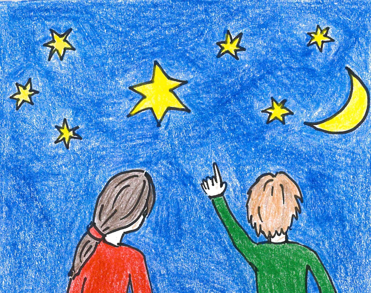 Gemaltes Bild, bei dem zwei Kinder in der Nacht auf einen leuchtenden Stern am Himmel zeigen