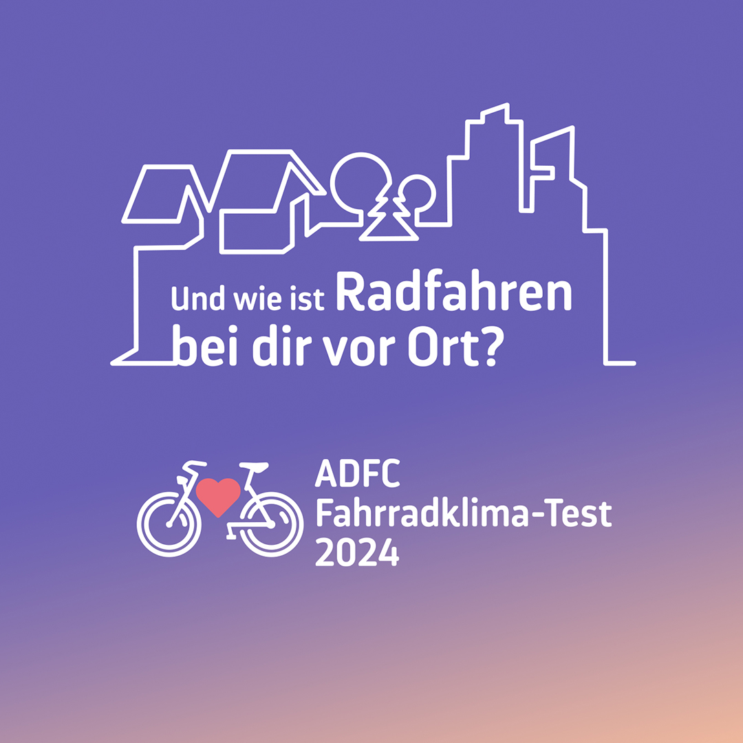 Eine Grafik mit lilafarbenem Hintergrund, auf dem eine Strichzeichnung von Häusern, Bäumen und Gebäuden zu sehen ist. Unter der Grafik steht der Text "Und wie ist Radfahren bei dir vor Ort?". Unten befindet sich ein Logo mit der Aufschrift "ADFC Fahrradklima-Test 2024".