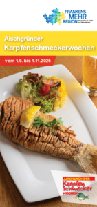 Titelbild Flyer Aischgründer Karpfenschmeckerwochen. Ein Karpfenfilet mit Beilage.. 