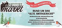 Plakat zum Scheinfelder Weihnachtsmarkt am 10.–11. Dezember 2022 mit winterlichen Grafiken, Veranstaltungsort „Altes Amtsgericht“ und Hinweisen zu Spezialitäten, Bühnenprogramm, Tombola und Christbaumverkauf.