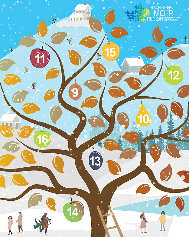 Gezeichnete Winterlandschaft mit großem Obstbaum und bunten Früchten im Vordergrund