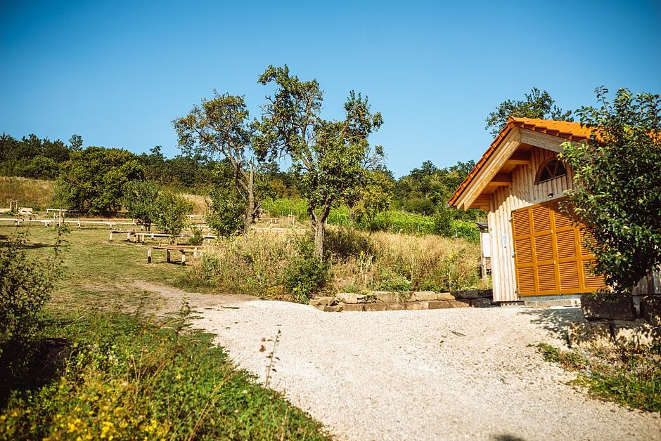Kugelbahn in Ergersheim mit Holzhütte, Sitzgelegenheiten und naturnaher Streuobstwiese – ein Ausflugsziel für Familien in Frankens Mehrregion.