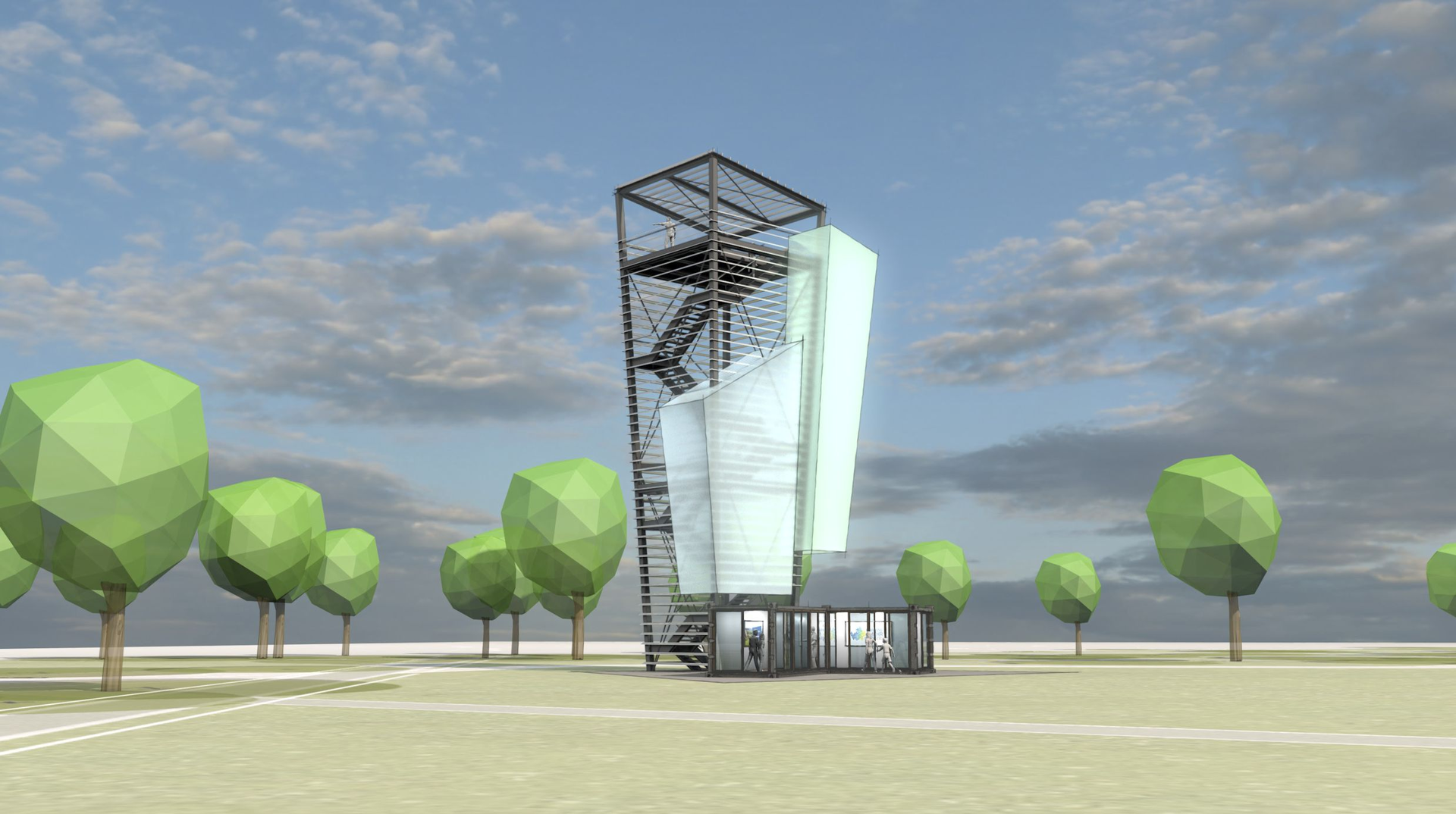 Entwurf des Turms der Regionen, Stahlgerüst mit kristallförmigen Planen