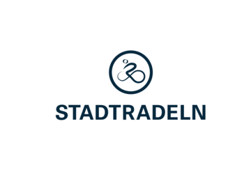 Logo blau quadratisch STADTRADELN mit weißem Rand Dunkelblauer Fahrradfahrer mit einem Kreis als Piktogramm, wobei die Räder des Rads eine 8 bilden. Schriftzug STADTRADELN unter dem Rad.
