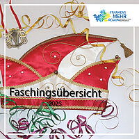 Rote und weiße Narrenkappe mit goldenen Verzierungen, bunten Luftschlangen und einem Orden, Text: „Faschingsübersicht 2025“ sowie Logo „Frankens Mehr Region“.