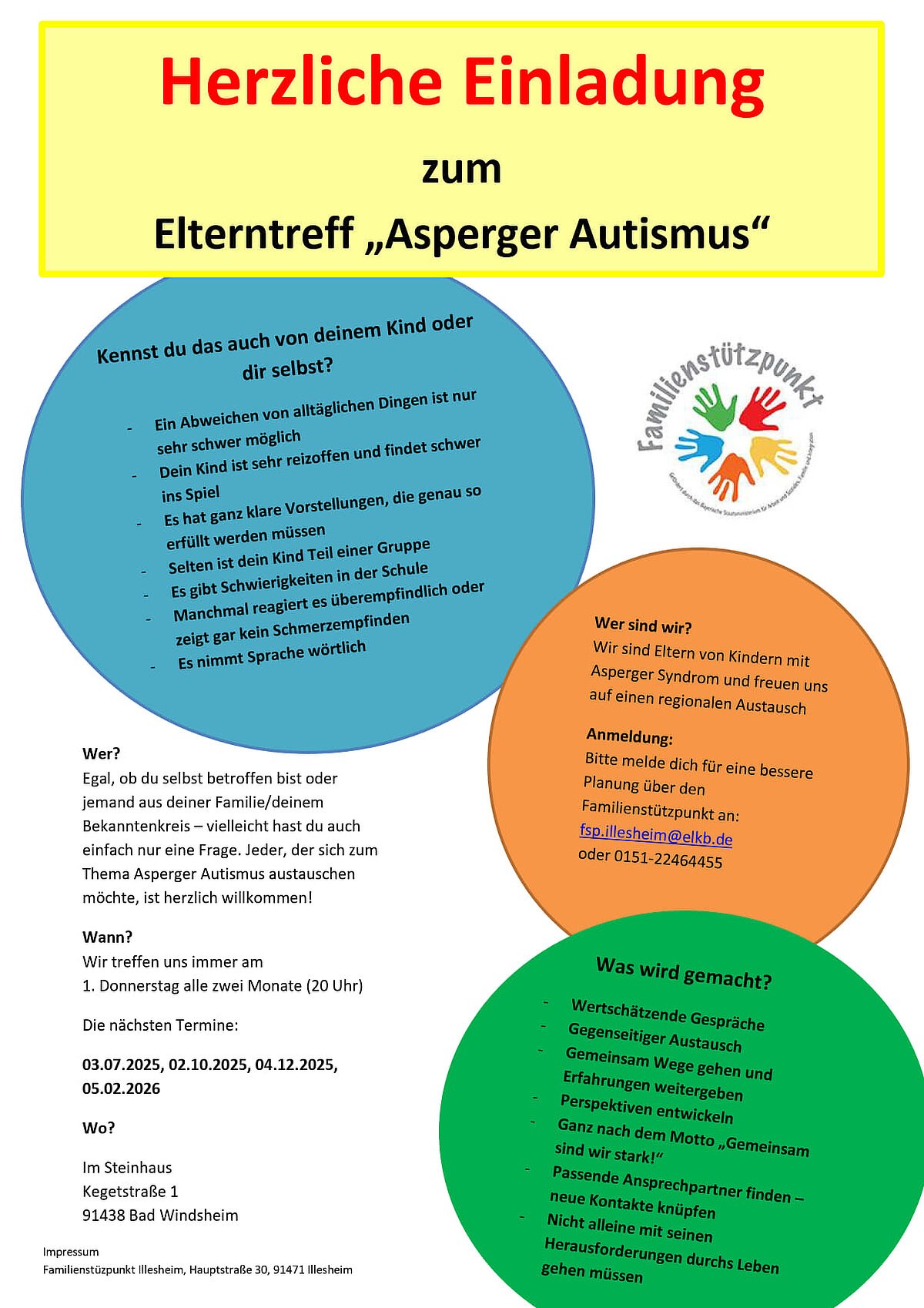 Bunter Flyer mit Einladung zum Elterntreff „Asperger Autismus“ 