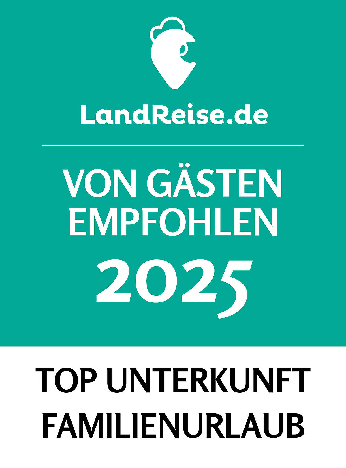 Empfehlungssignet 2025 von LandReise.de – prämiert familienfreundliche Unterkunft basierend auf Gästebewertungen, Gestaltung klar und vertrauensbildend.