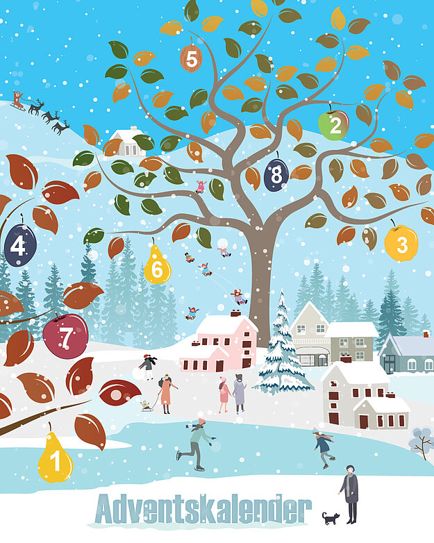 Gezeichnete Winterlandschaft mit einem Obstbaum mit Früchten und Zahlen darauf