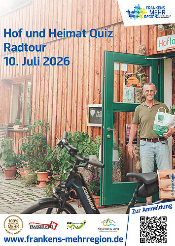 Ein Mittelalter Mann kommt aus einem Hofladen mit grüner Türe und Holz an der Fassade mit einer vollgepackten Einkaufstüte und läuft auf sein Rad zu. 