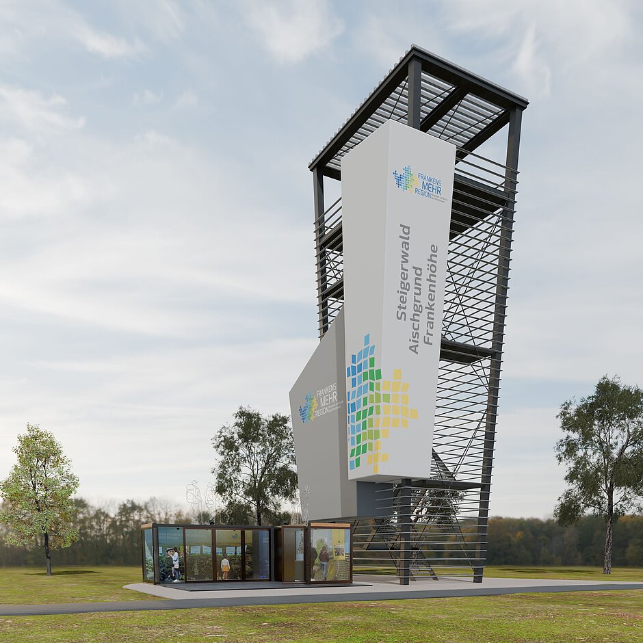 Turm der Regionen und Regionalpavillon auf der Bayerischen Landesgartenschau Bad Windsheim 2027 Visualisierung vom Turm der Regionen