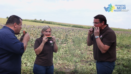 Drei Erwachsene stehen auf einem Feld mit grüner Vegetation und essen Wassermelone; zwei tragen braune Shirts mit Logo