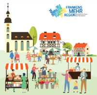 Gezeichneter Markt auf Marktplatz mit Ständen und Menschen, die einkaufen