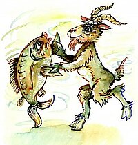 Illustration eines Ziegenbocks, der aufrecht steht und mit den Vorderbeinen einen großen Fisch hält, beide wirken wie in einer tanzenden oder spielerischen Pose. Der Hintergrund ist in sanften Grün- und Gelbtönen aquarellartig gestaltet, ohne weitere Details.