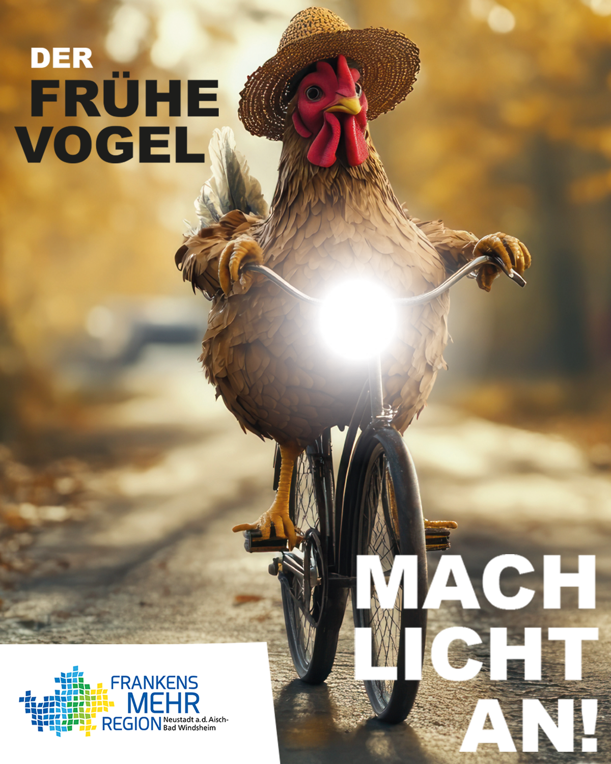 Ein Huhn auch einem Fahrrad mit dem Slogan: Der Frühe Vogel - Mach Licht an! 