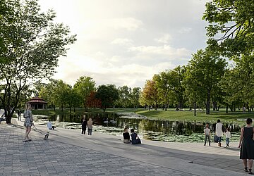 Skizze eines Sees mit Sitzmöglichkeiten 