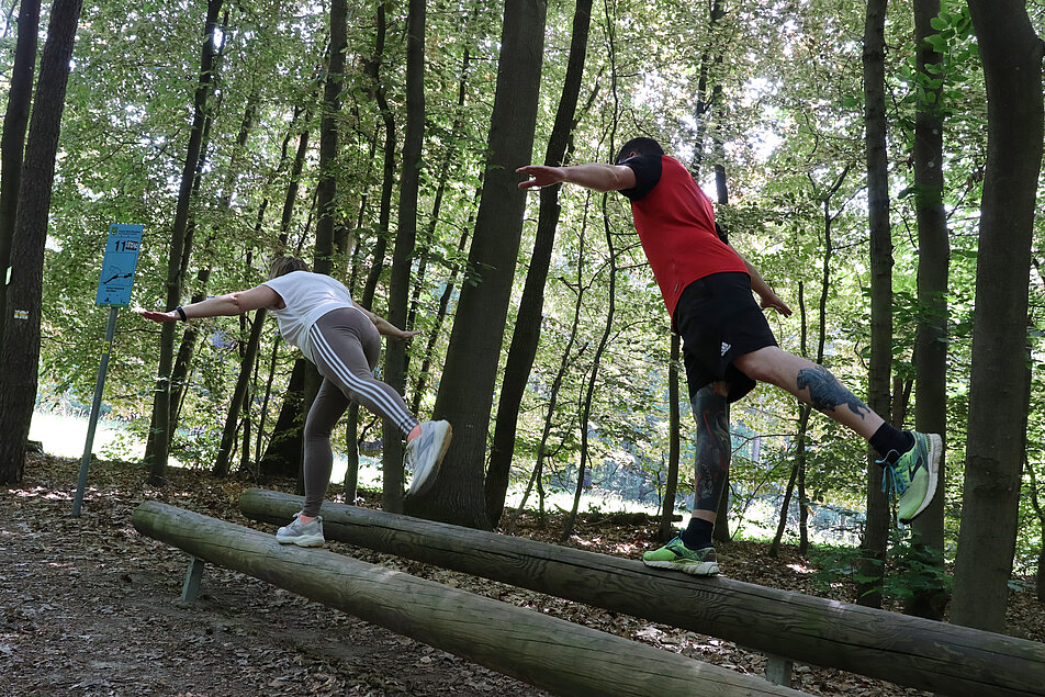 Personen auf einem erhöhten Holzbalken im Wald die in der Waage stehen