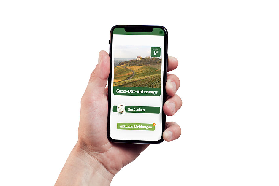 Eine Hand vor einem weißem Hintergrund mit einem Smartphone in der Hand welches die Entdeckertouren zeigt