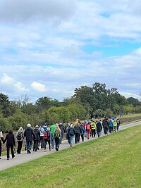 Eine Gruppe von Menschen wandert auf einem asphaltierten Weg durch eine ländliche Landschaft mit grünen Wiesen, Bäumen und bewölktem Himmel.