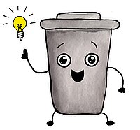 Illustration eines grauen Mülleimers mit Gesicht, Armen und Beinen, der lächelnd eine leuchtende Glühbirne in der linken Hand hält.