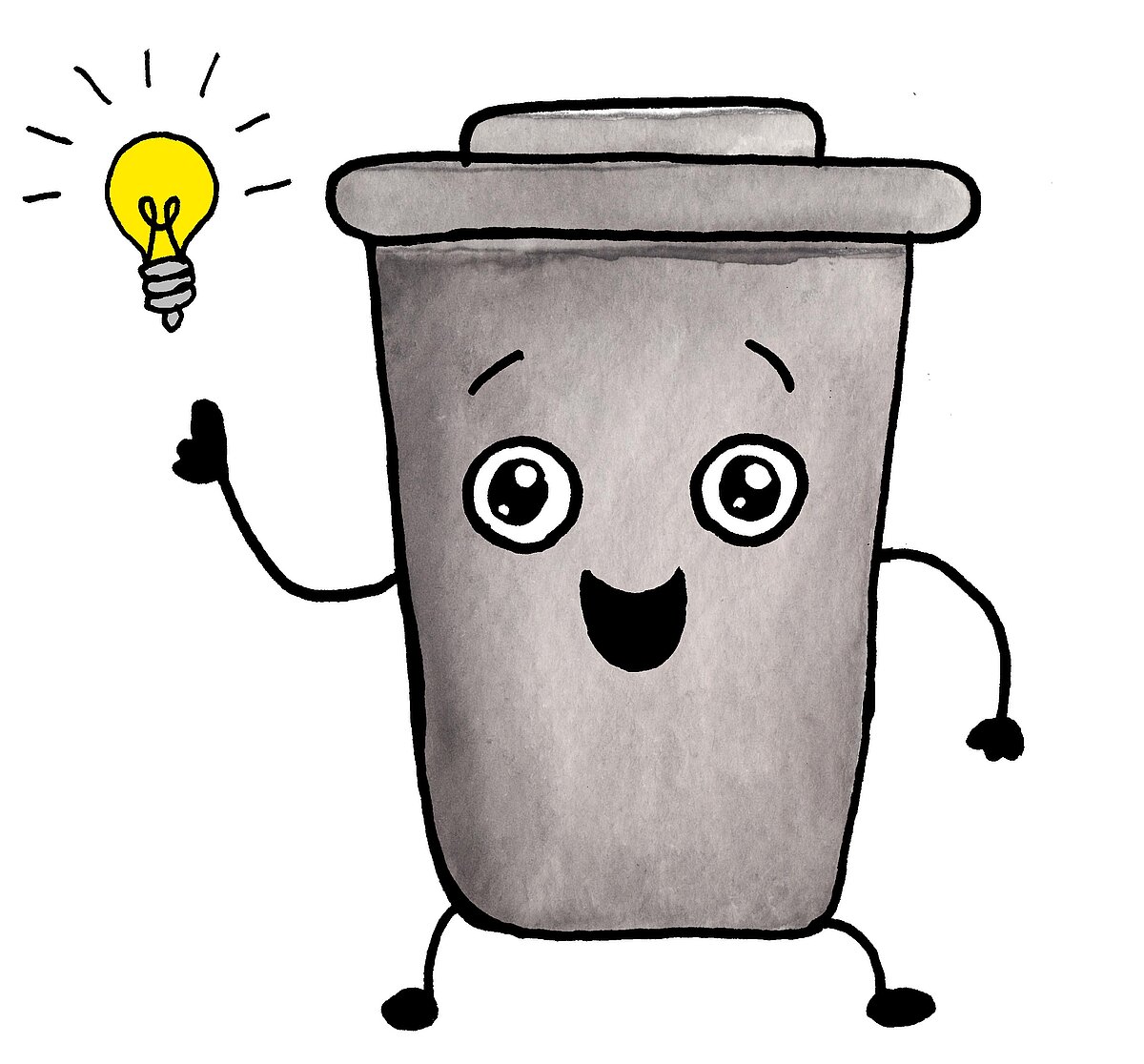 Illustration eines grauen Mülleimers mit Gesicht, Armen und Beinen, der lächelnd eine leuchtende Glühbirne in der linken Hand hält.