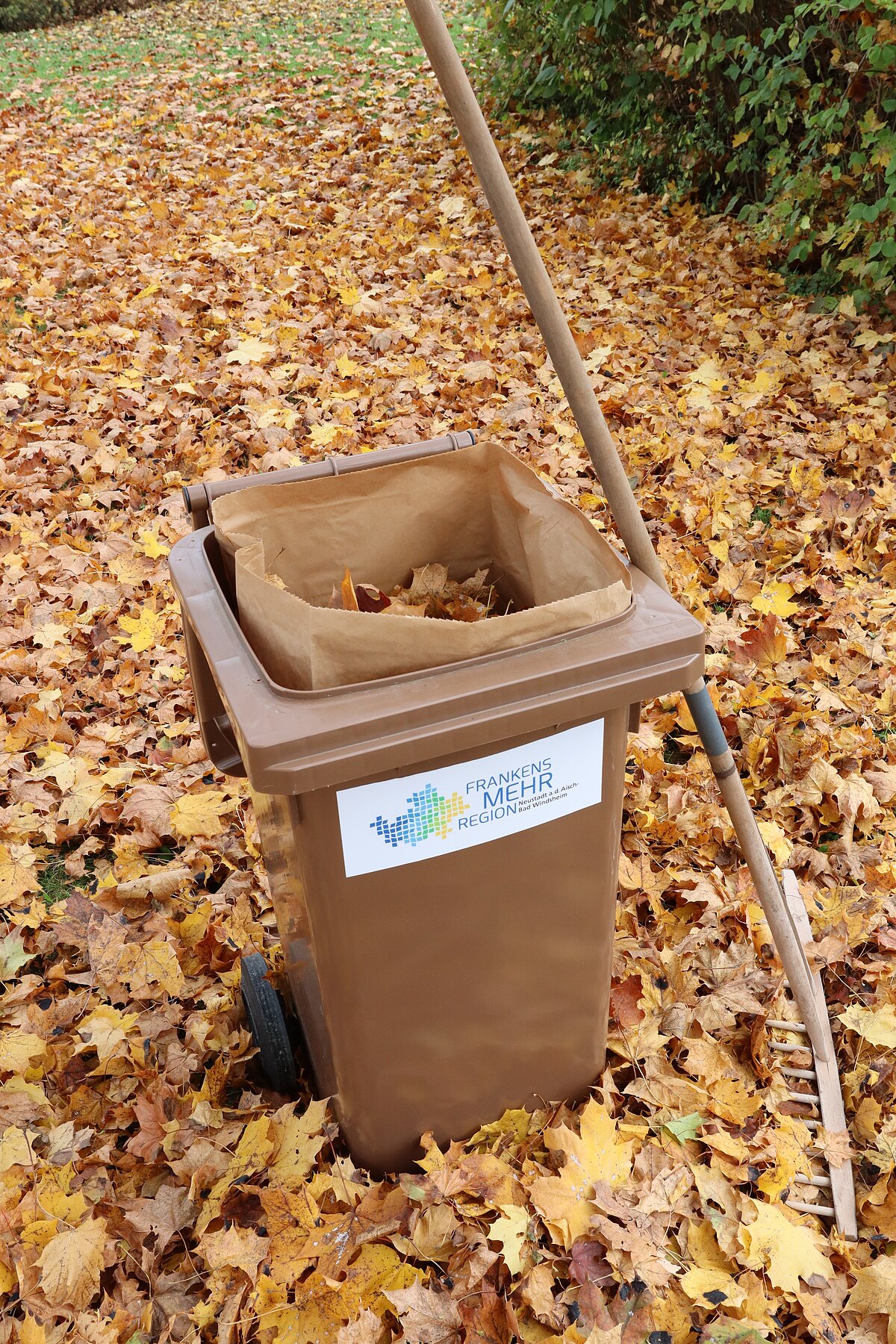 Braune Biotonne mit Laub und Rechen auf herbstlich bedecktem Boden – umweltbewusste Gartenpflege in Franken.