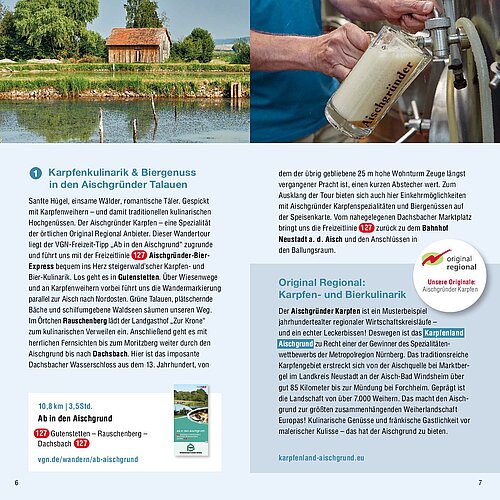 Doppelseitige Broschüre zur Karpfen- und Bierkultur in den Aischgründer Talauen – linke Seite beschreibt den „Aischgründer-Bier-Express“ mit 12 Brauereistopps auf 10,8 km Wanderstrecke (ca. 2,5 Std.), rechte Seite hebt regionale Brauvielfalt und historische Bedeutung hervor, Gestaltung verbindet Genuss, Landschaft und Tradition.