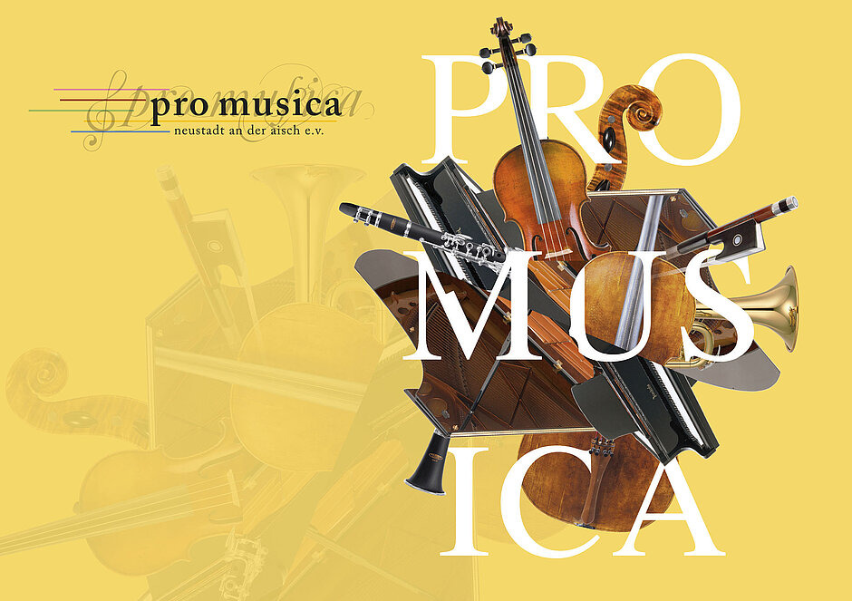 Logo der Pro Musica Schriftzug mit vielen Instrumenten wild durcheinander auf gelbem Hintergrund