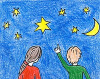Gemaltes Bild, bei dem zwei Kinder in der Nacht auf einen leuchtenden Stern am Himmel zeigen