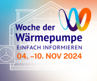 Werbegrafik zur „Woche der Wärmepumpe“ vom 4. bis 10. November 2024 mit stilisiertem Haus, sichtbarer Wärmepumpe und farbigem Logo – Fokus auf einfache Information zur Heiztechnologie.