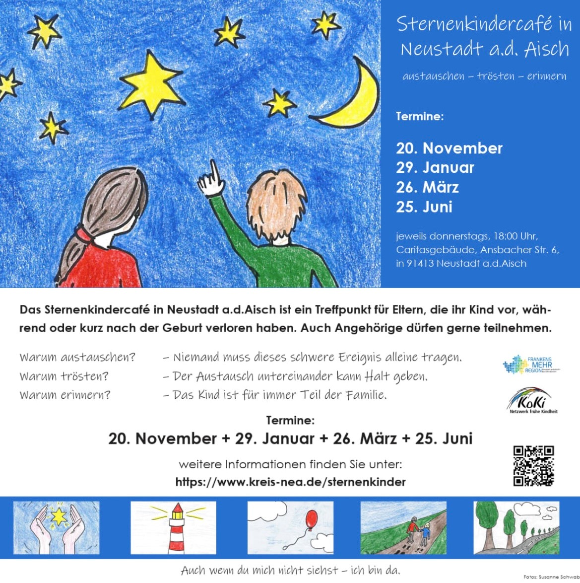 Plakat mit kindlichen Zeichnungen zum Sternenkindercafé in Neustadt a.d.Aisch, darunter zwei Kinder, die in einen sternklaren Nachthimmel blicken, sowie vier kleinere Motive mit Symbolen für Trost und Erinnerung wie ein Leuchtturm, ein Ballon und ein Kind an der Hand eines Erwachsenen.